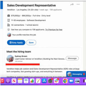 LinkedIn screenshot showing where the recruiter's name is located within the job posting