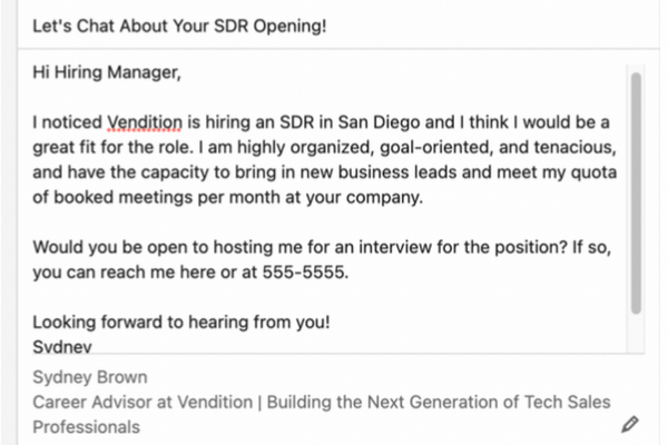 Sample message to send to a recruiter (text is pasted below image)